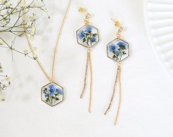 Handmade Pressed Forget Me Not Hexagon Dangle Tassel Earrings Necklace| Real Forget Me Not Jewelry Set| Flower Resin long Earrings Necklace