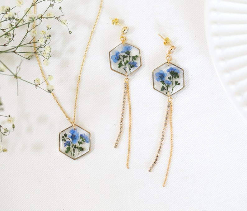 Handmade Pressed Forget Me Not Hexagon Dangle Tassel Earrings Necklace Real Forget Me Not Jewelry Set Flower Resin long Earrings Necklace image 1