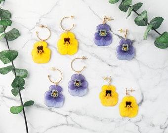 Pressed Purple  Yellow Pansy Viola Hoop Dangle Earrings| Resin Real Natural Flower Earrings