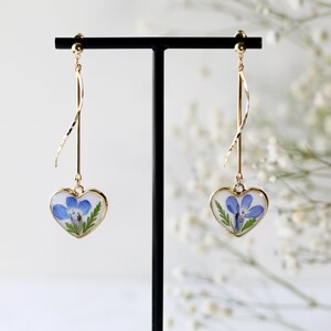 Heart Flower Dangle Earrings Natural Flower Resin Earrings Pressed Flower Earrings Rose Heart Earrings image 6