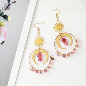 Handmade Sun Moon Strawberry Raw Crystal Gold Tone Hoop Dangle Earrings image 3