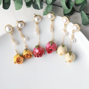 Dried Real Rose Red Pink White Rose with Pearl Dangle Earrings Wedding Bridal Earrings