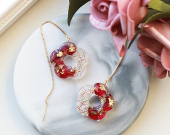 Handmade Red Rose Petal Flower Shape Resin Dangle Threader Earrings