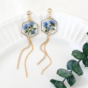 Handmade Pressed Forget Me Not Hexagon Dangle Tassel Earrings Necklace Real Forget Me Not Jewelry Set Flower Resin long Earrings Necklace image 2