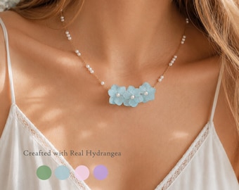 Real Hydrangea Flower Choker Necklace, Paperclip Chain Choker, Gold Hydrangea Cluster Necklace, Floral Pearl Necklace, Bridesmaid Jewelry