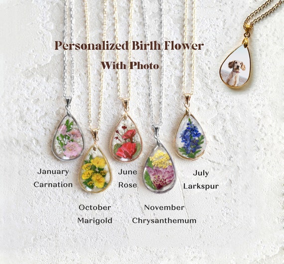 Birth Month Flower Sterling Silver Teardrop Necklace, Personalized Jewelry  Gift Pressed Flower Necklace Birthday Gift Christmas Gift