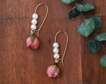 Dried Pink Rose with Pearls Dangle Earrings| Rose Flower Dangle Earrings Wedding Earrings for Bride Bridesmaids