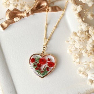 Pressed Real Red Flower Gold Heart Pendant Necklace| Red Baby's Breath Flower Resin Necklace| Gift For Women Handmade Gift