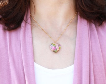 Dried Pink Purple Real Flower Heart Pendant Necklace | Resin Flower Necklace | Dry Flower Necklace Mother's Day Gift