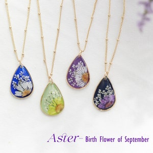Handmade Pressed Aster 925 Sterling Silver Teardrop Pendant Necklace| September Birth Flower Necklace| Personalized Gift Botanical Jewelry