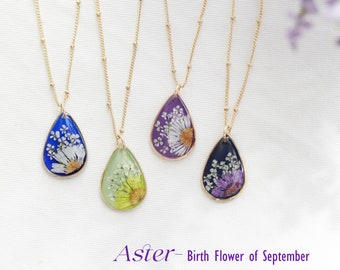 Handmade Pressed Aster Teardrop Pendant Necklace| September Birth Flower Necklace| Pressed Flower Botanical Jewelry