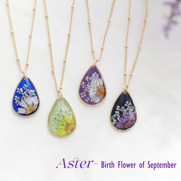 Handmade Pressed Aster Teardrop Pendant Necklace| September Birth Flower Necklace| Pressed Flower Botanical Jewelry