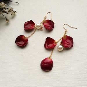 Dried Flower Red Rose Petals With Pearl Dangle Earrings| Clip On Rose Dangle Earrings