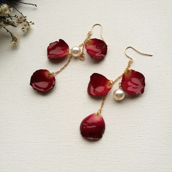 Dried Flower Red Rose Petals With Pearl Dangle Earrings| Clip On Rose Dangle Earrings