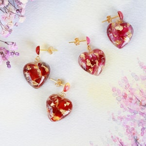 Boucles doreilles pendantes en résine de cœur de pétale de rose séchée Boucles doreilles Rose Rose Rouge, Boucles doreilles Fleur, Boucles doreilles Coeur, Clip sur Boucles dOreilles Cadeau Fête des Mères image 1