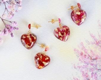 Dried Rose Petal Heart Resin Dangle Earrings| Red Pink Rose Earrings, Flower Earrings, Heart Earrings, Clip on Earrings Mother's Day Gift