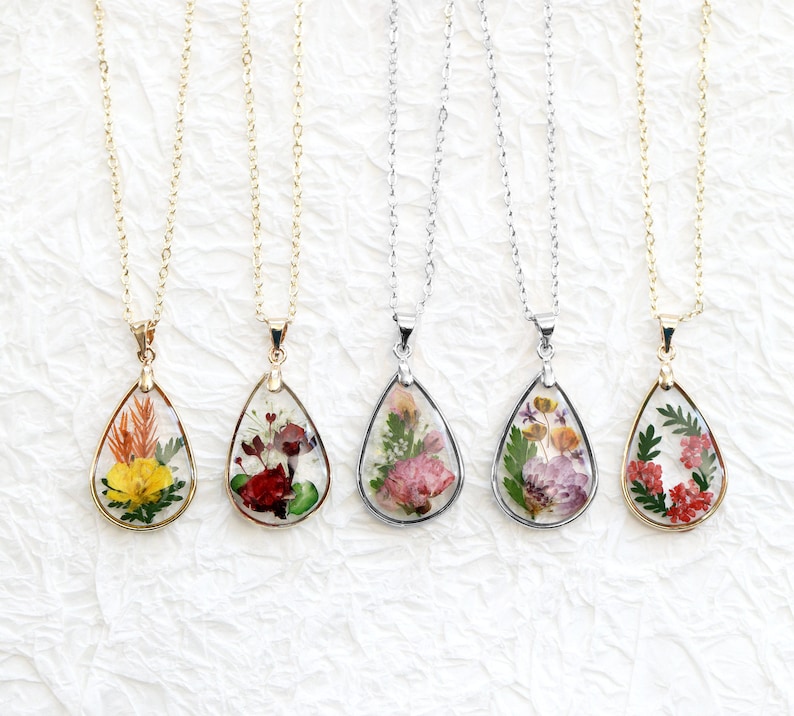 Birth Month Flower Teardrop Necklace Personalized Gift Pressed Flower Necklace Unique Birthday Gift Handmade Jewelry Mother's Day Gift image 2