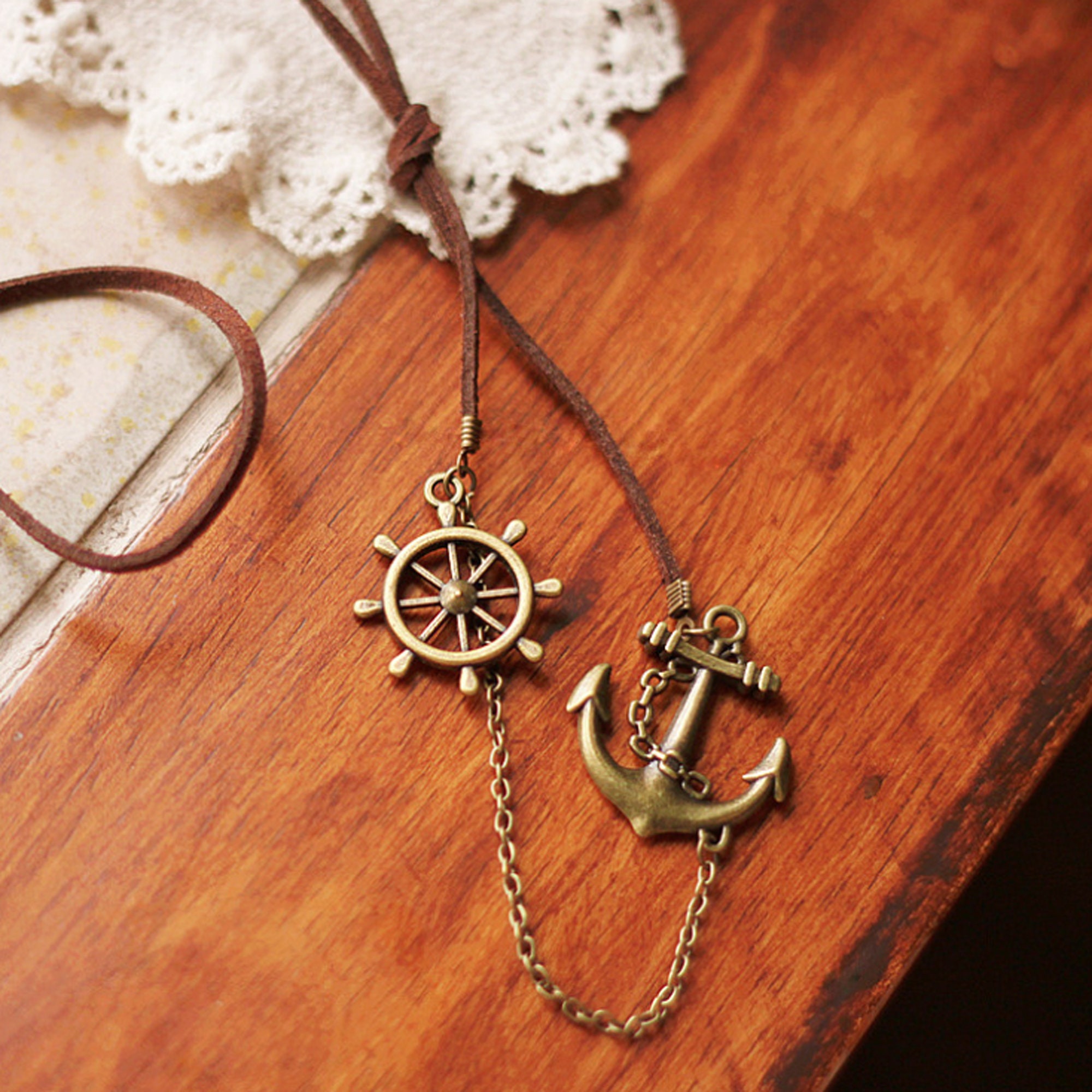 Vintage Style Anchor Ship Steering Wheel Pendant Long Necklace Etsy