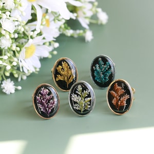 Bague ouverte ovale en forme de feuilles de fleurs pressées à la main | Bague feuilles naturelles, bijoux botaniques
