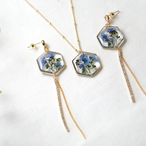 Handmade Pressed Forget Me Not Hexagon Dangle Tassel Earrings Necklace Real Forget Me Not Jewelry Set Flower Resin long Earrings Necklace image 3