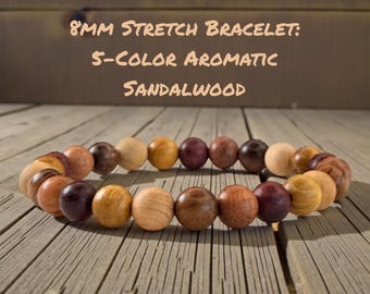 Five Color 8mm Natural Sandalwood Bead Stretch Bracelet for Men and Women