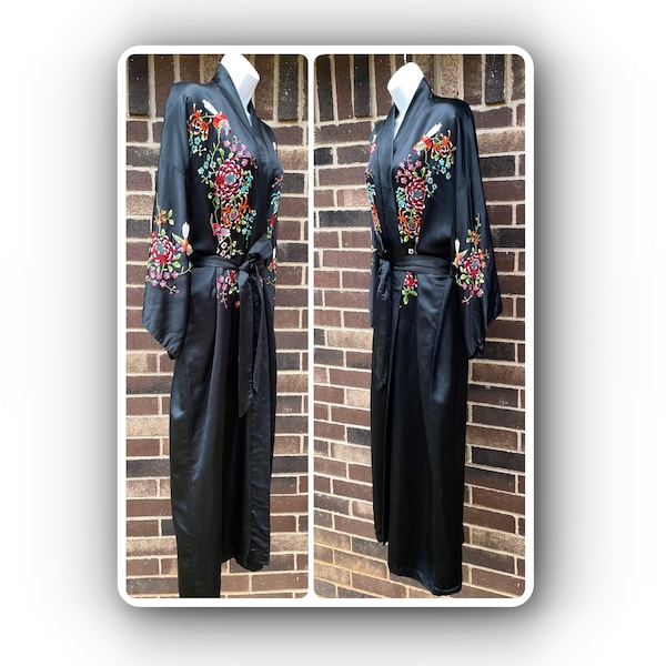 Vintage Black Silk Plum Blossoms Embroidered Bird and Rose Floral Robe;  Chinese Silk Robe/Dressing Gown