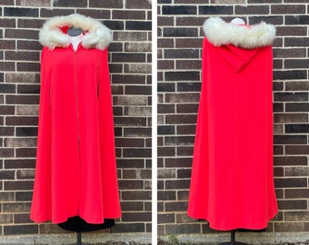 Red Wool Cape, Genuine Fur Trimmed Hood, Meri K Orange Red Wool Cape