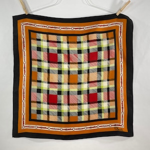 Vintage Equestrian Scarf: Plaid & Bridle Border, Black Pumpkin Red