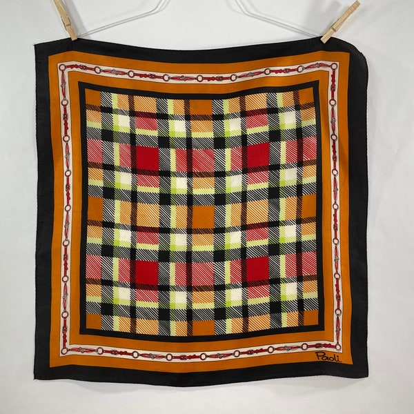 Vintage Paoli Acetate 22" Square Scarf in Black, Pumpkin, Red, Green and White Plaid and Bridle Border; Equestrian themed Scarf
