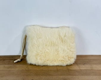 Small Winter White Rabbit Fur Muff: Ivory Fur Handwarmer, Padded and Lined Hare Tube