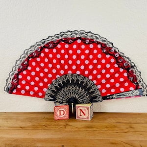 Hand Held Folding Fan, Red with White Polka Dots with Black Lace Edge