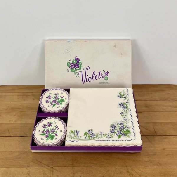 Violets Paper Napkins and Coasters Set No 628 by Freund, Mayer & Co., In Original Box, All Included