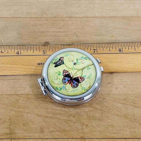 Round Folding Purse or Pocket Double Mirror Compact with Faceted Glass Top and Yellow Butterfly Design