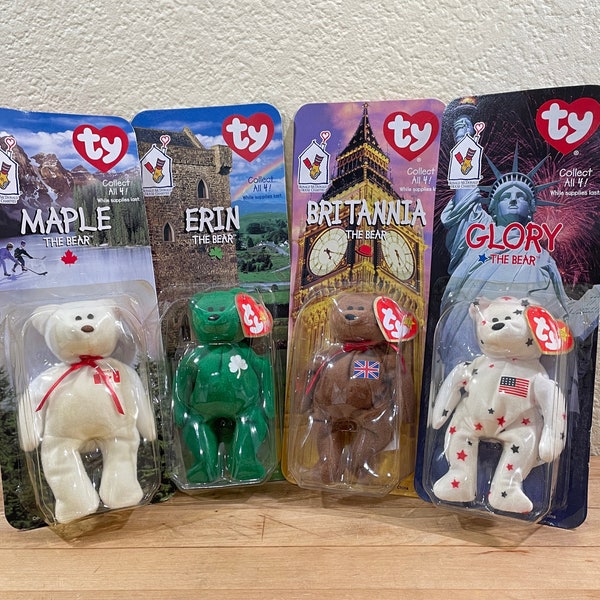 Mini Beanie Babies, Britannia, Erin, Glory, and Maple - Set of 4 Mini Beanie Babies Plush Toy Bears Sold by McDonalds in Original Packaging