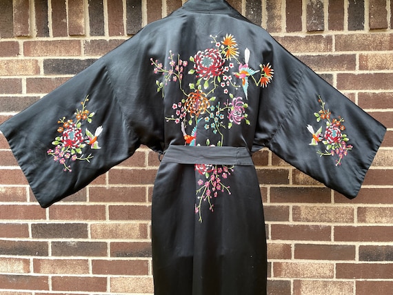 Vintage Black Silk Plum Blossoms Embroidered Bird… - image 9