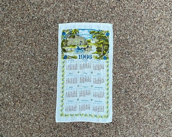1966 Linen Tea/Kitchen Towel with Printed Calendar, Horse and Buggy Homestead Theme Tea Towel Calendar Wall Hanging