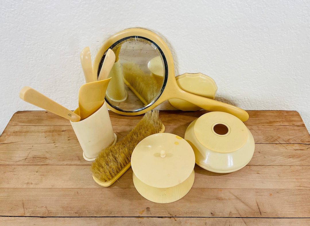 Celluloid Plastic Vanity Set, Antique Cream Colored Set, 9 Pieces All