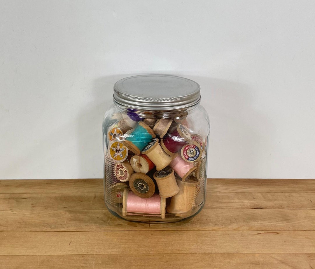 Wooden Spools in Anchor Hocking Glass Jar - 56 Thread Spools - Etsy