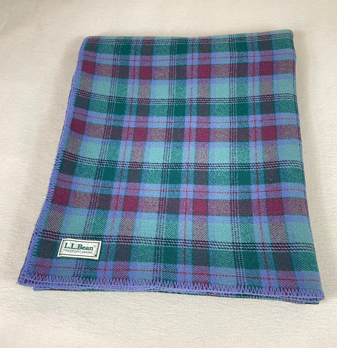 Vintage LL Bean Plaid Wool Camp Blanket Green Purplish Etsy