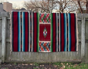 Bright Reversible Saltillo Style Mexican Flat Weave Blanket / Rug / Wall Hanging / Serape, 84" X 51"
