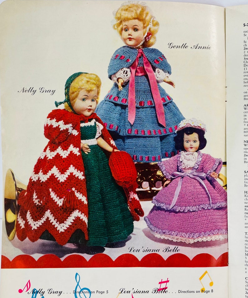 1952 J & P Coats Clark's ONT Book No. 292 First Edition Old American Songs Dolls Crochet Dresses/Outfits, Vintage Crochet Booklet image 5