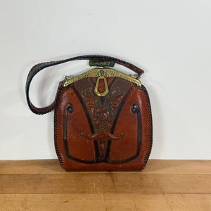 Tooled Art Nouveau Leather Bag / Purse with Whip Stitching and Green Glass Closure, Tooled Design Arts and Crafts Leather Flapper Purse