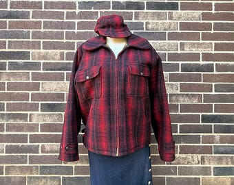 Woolrich Wool Red and Black Buffalo, Shadow Plaid Hunting Coat #545 with Hat, Tag Size of Coat is 44, Red and Black Plaid Coat and Hat