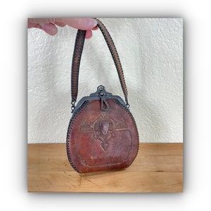 Tooled Art Nouveau Leather Bag / Purse with Whip Stitching, Tooled Design and Jemco Frame