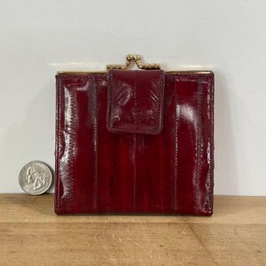 Cartera de piel de anguila roja con monedero, monedas, tarjetas de crédito y billetes. Cartera de piel roja.