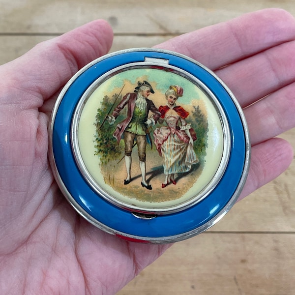 Steel and Enamel Compact, Round Mirrored Powder Compact with 18th Century Couple