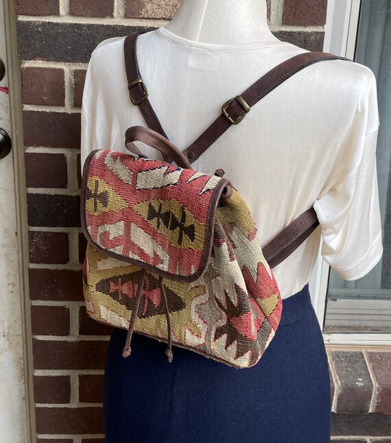 Wool Turkish Rug and Leather Backpack Purse by SAO, Made in Turkey