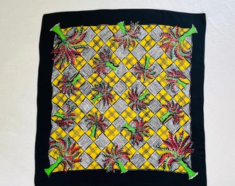 Vintage Yellow, Green, Red, White, and Black Silk Scarf 31 3/8" X 32" Square Scarf; Unknown Manufacturer