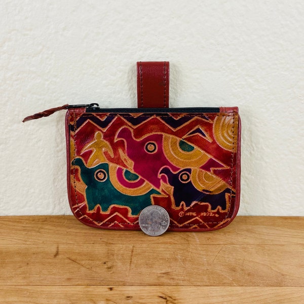 Tooled Elephant Design Leather Coin Purse with Loop for a Belt by MTC, Boho Coin Purse, Small Wallet; Brown, Yellow, Fuchsia, Teal, Blue