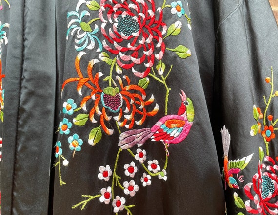 Vintage Black Silk Plum Blossoms Embroidered Bird… - image 3